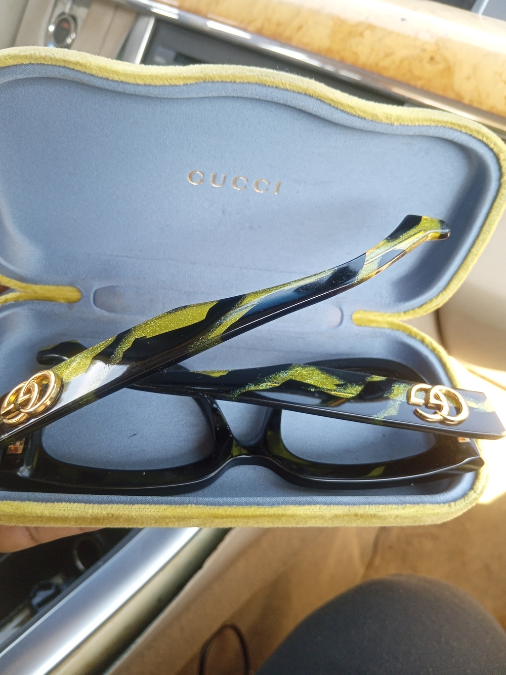 Gucci Black and Lime Green Swirl Rectangular Glasses with Gold GG
